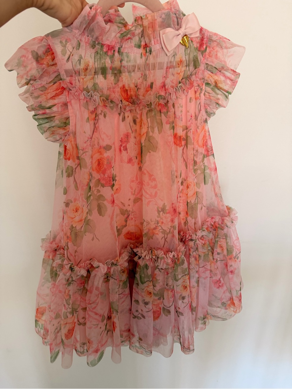 Angel's Face Pink Floral Ruffle Organza Girls' Dress with Bow Accent (Size 6-7)